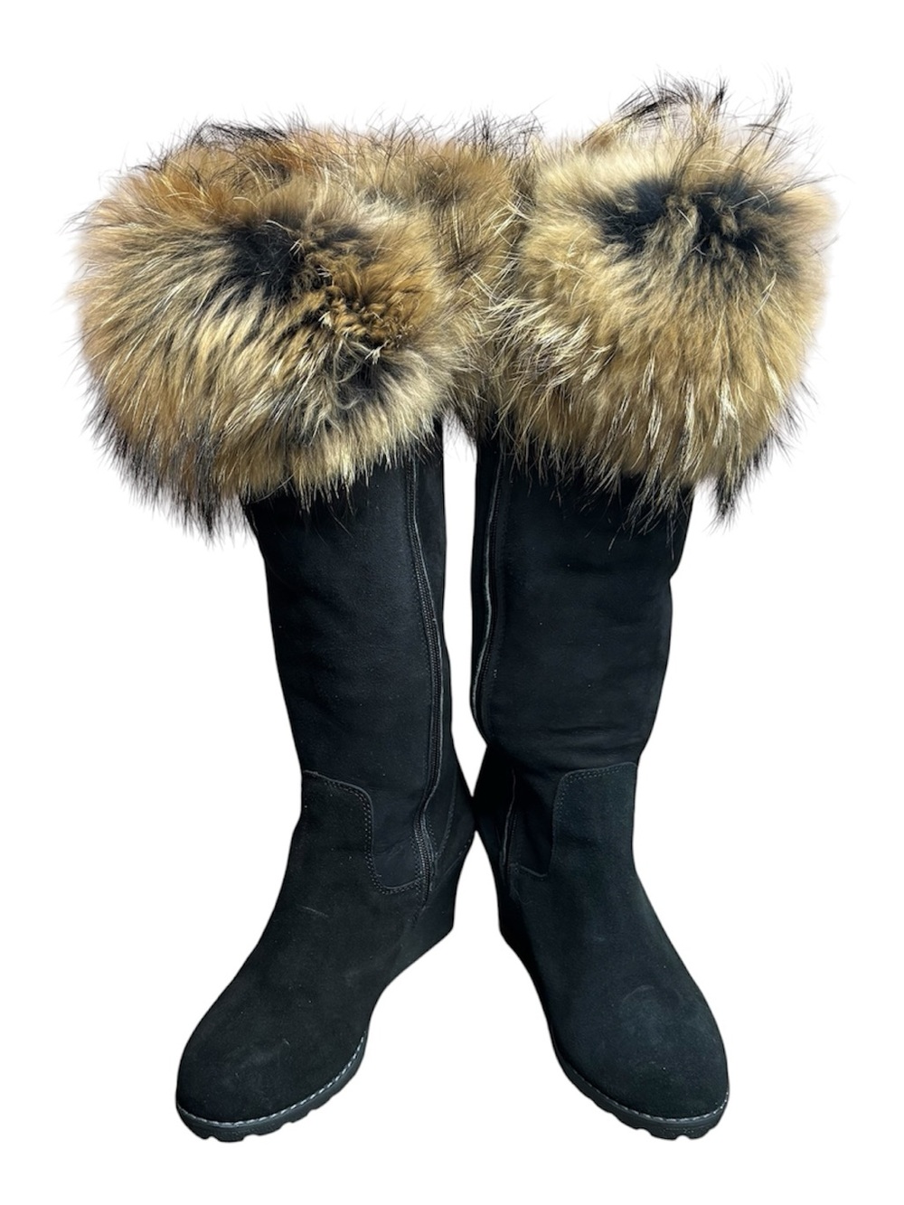Pegia Black Suede Tall Wedge Boots Fur Size 10